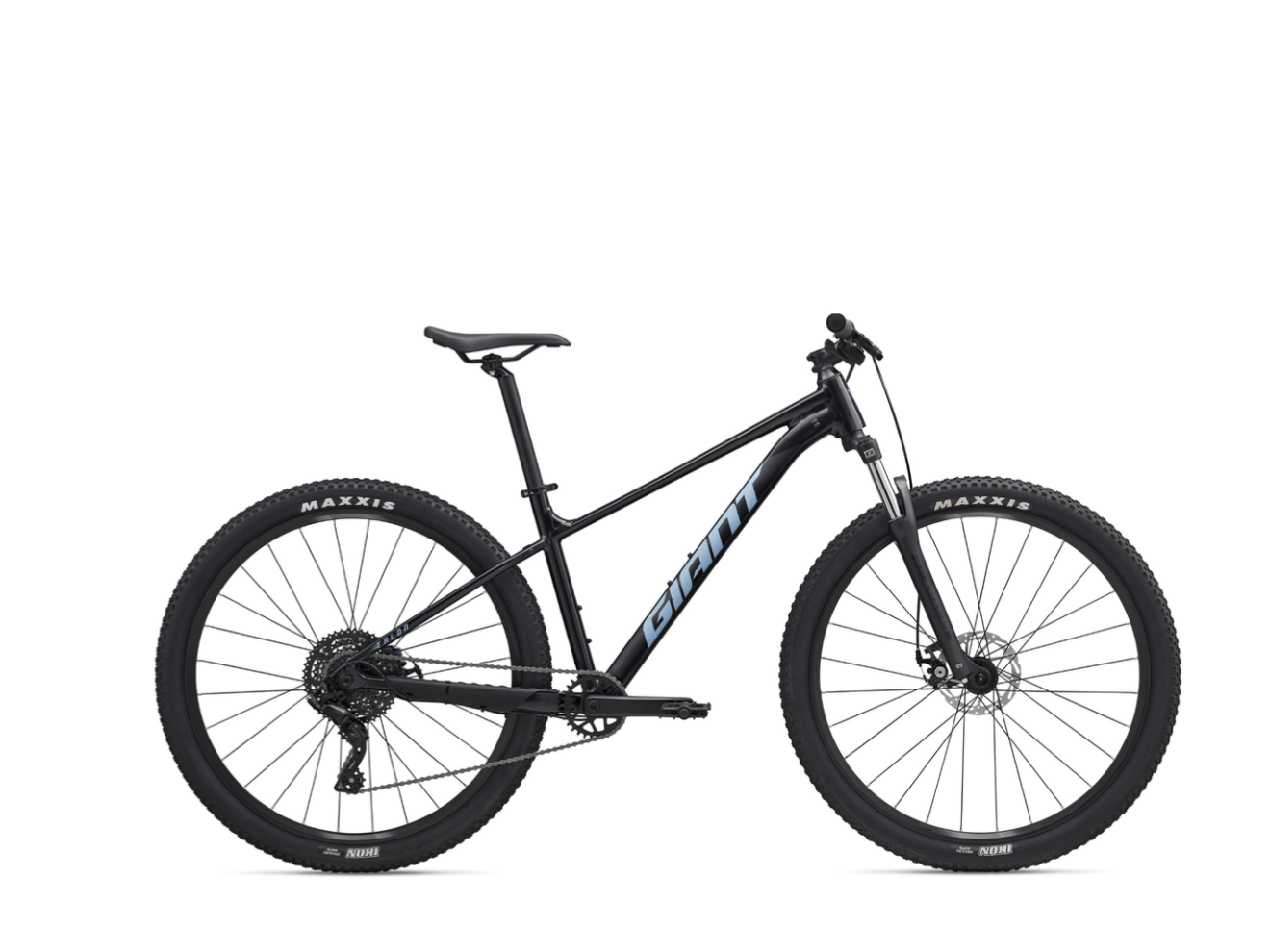 Black mountain bike with large tires and disc brakes, labeled 'GIANT', on a white background.