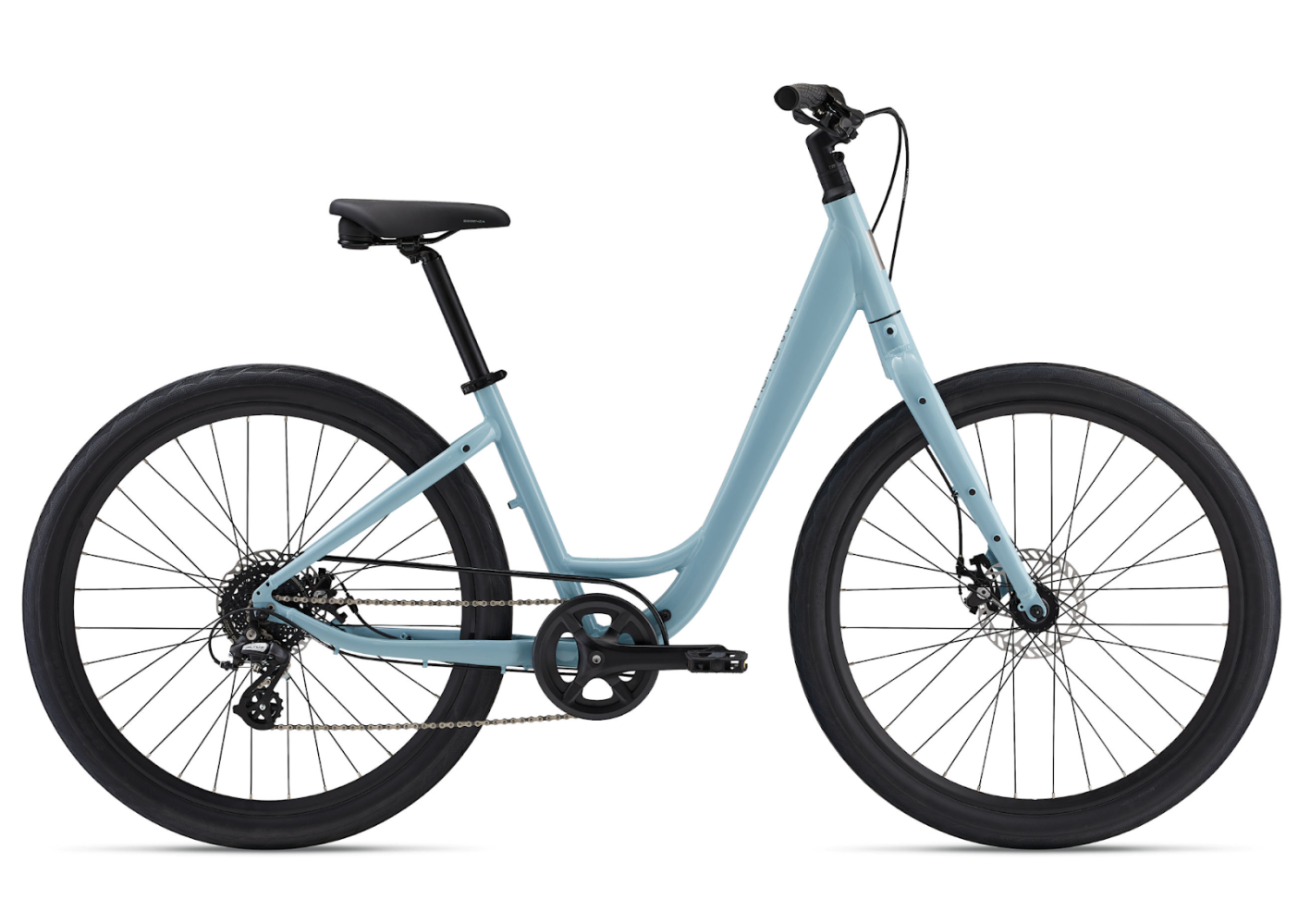 Light blue step-through bicycle with black wheels and a slim frame.