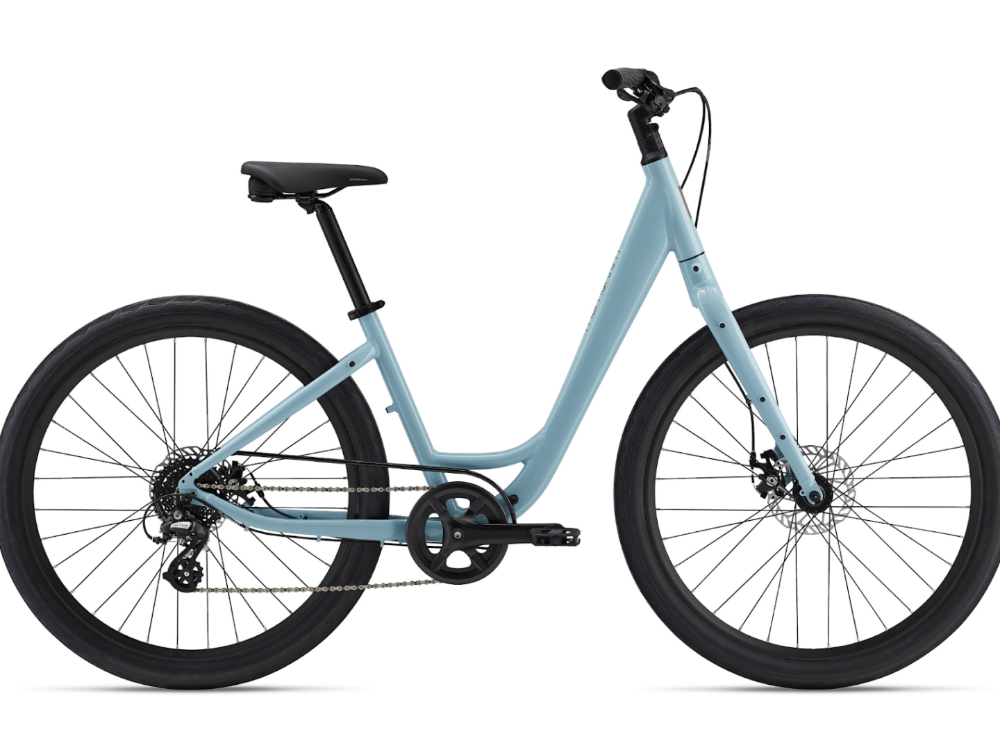 Light blue step-through bicycle with black wheels and a slim frame.