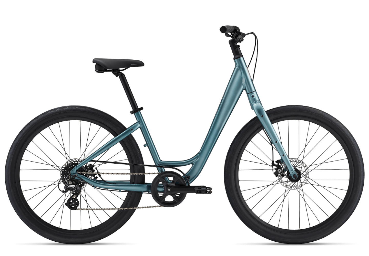 Blue step-through bicycle with black wheels and handlebars on a white background.
