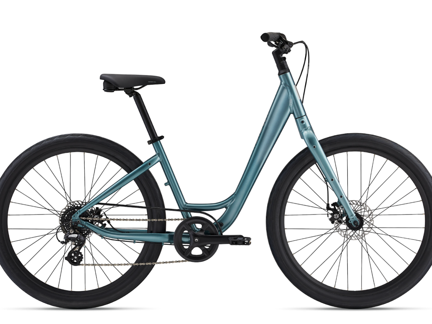 Blue step-through bicycle with black wheels and handlebars on a white background.