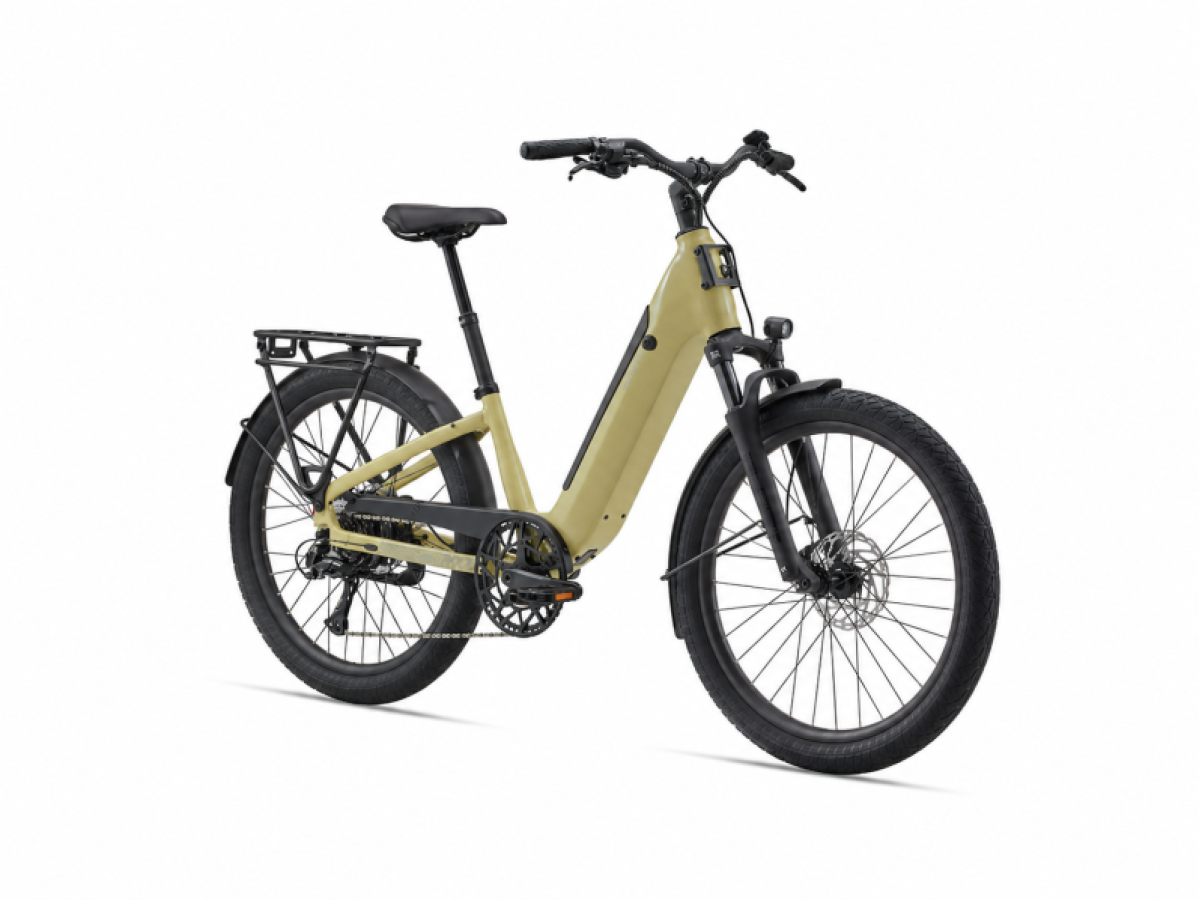 Yellow electric bike with black tires, rear rack, and step-through frame.