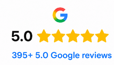 Google logo, 5-star rating, 5.0 score, 395+ reviews