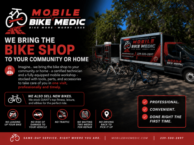 Mobile Bike Medic vans and bicycles, promoting bike repair services at home or community locations.